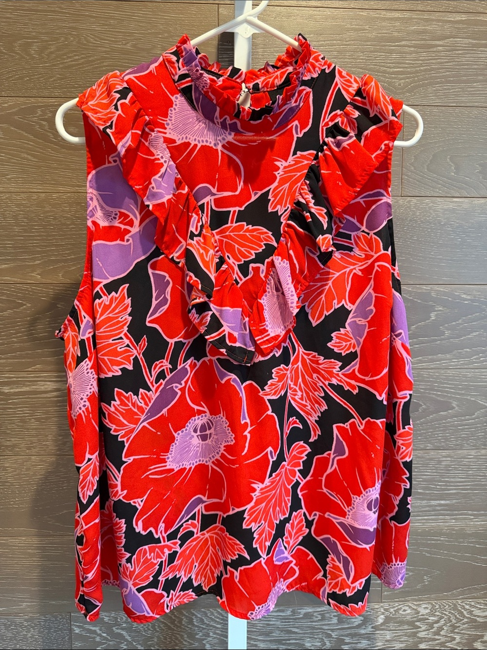 Who What Wear Red and Purple Floral Ruffle Neck Tank